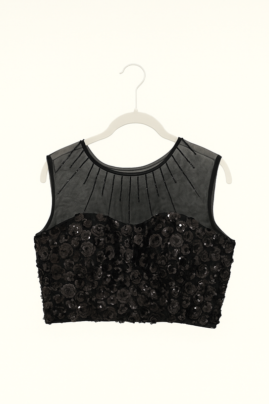 Black Flower Sequin Blouse