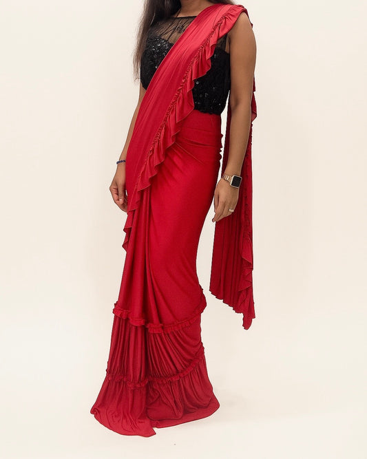 Lycra Red Layered Ruffled Sari