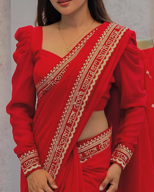 Red Heavy Chiffon Sari