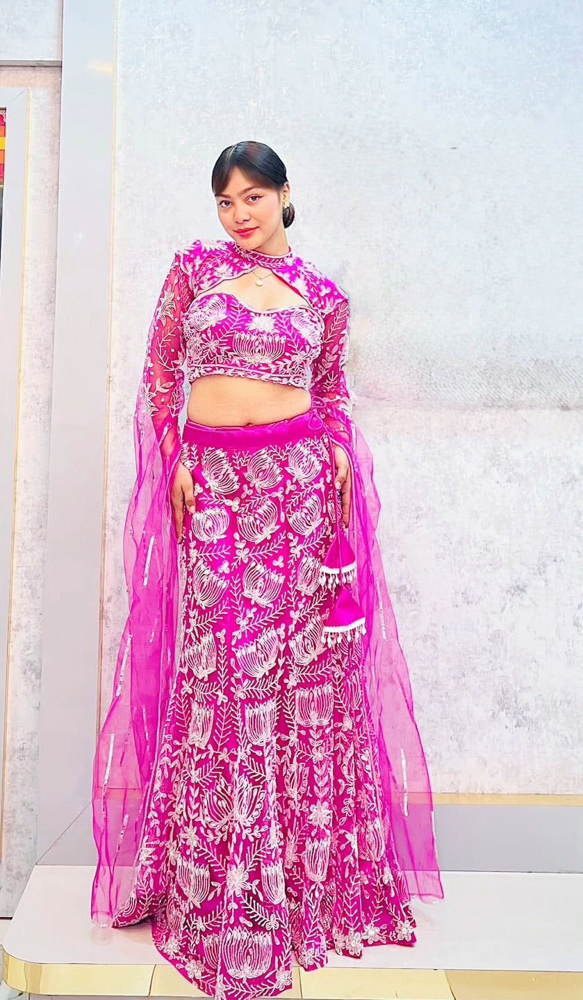 Pink Embroidered Dress Lehenga Set