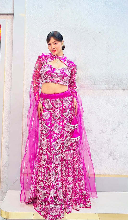 Pink Embroidered Dress Lehenga Set