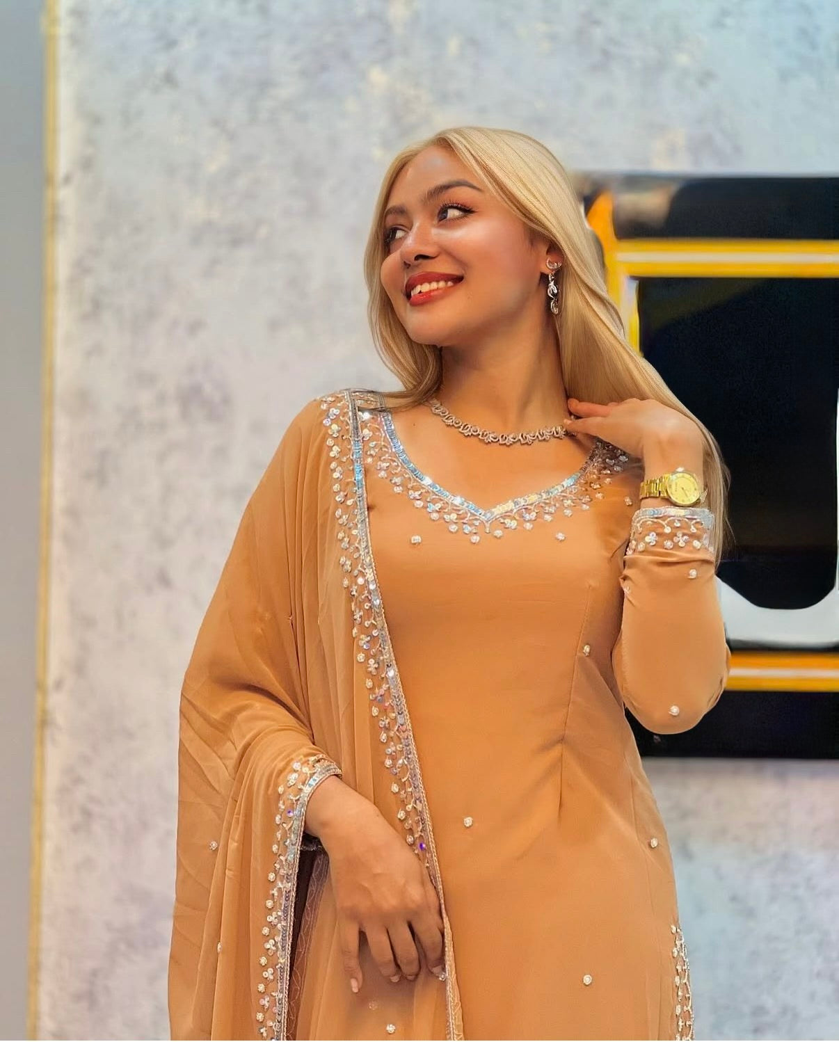 Beige Embroidered Kurta set