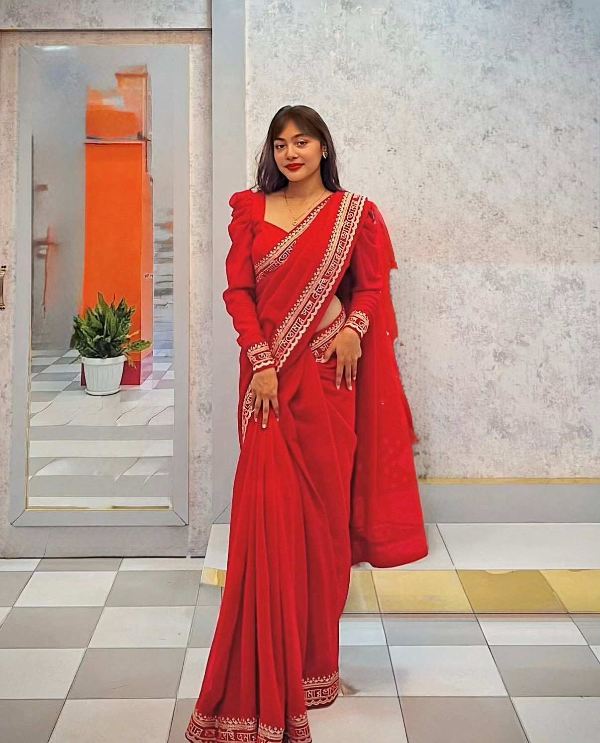 Red Heavy Chiffon Sari