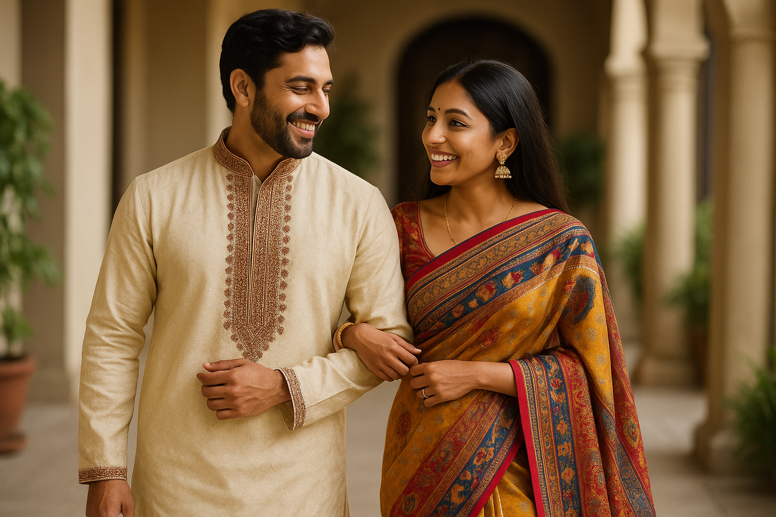 Indian man and woman walking together arm in arm looking at each other smiling wearing ethnic clothing