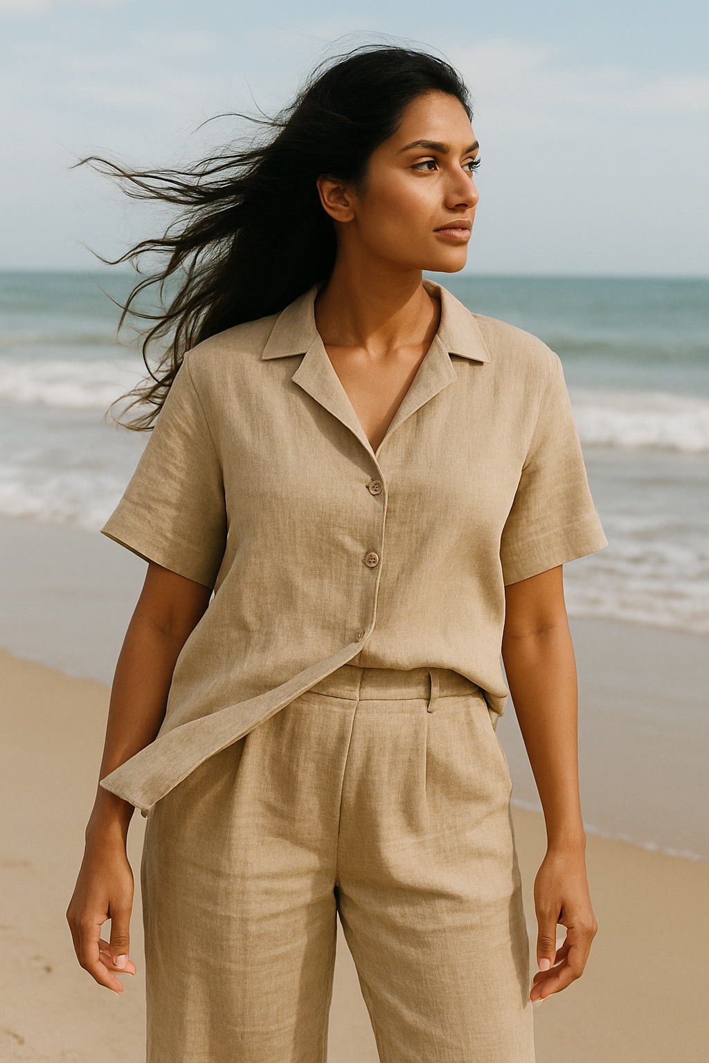 Woman in beige outfit standing on a beach